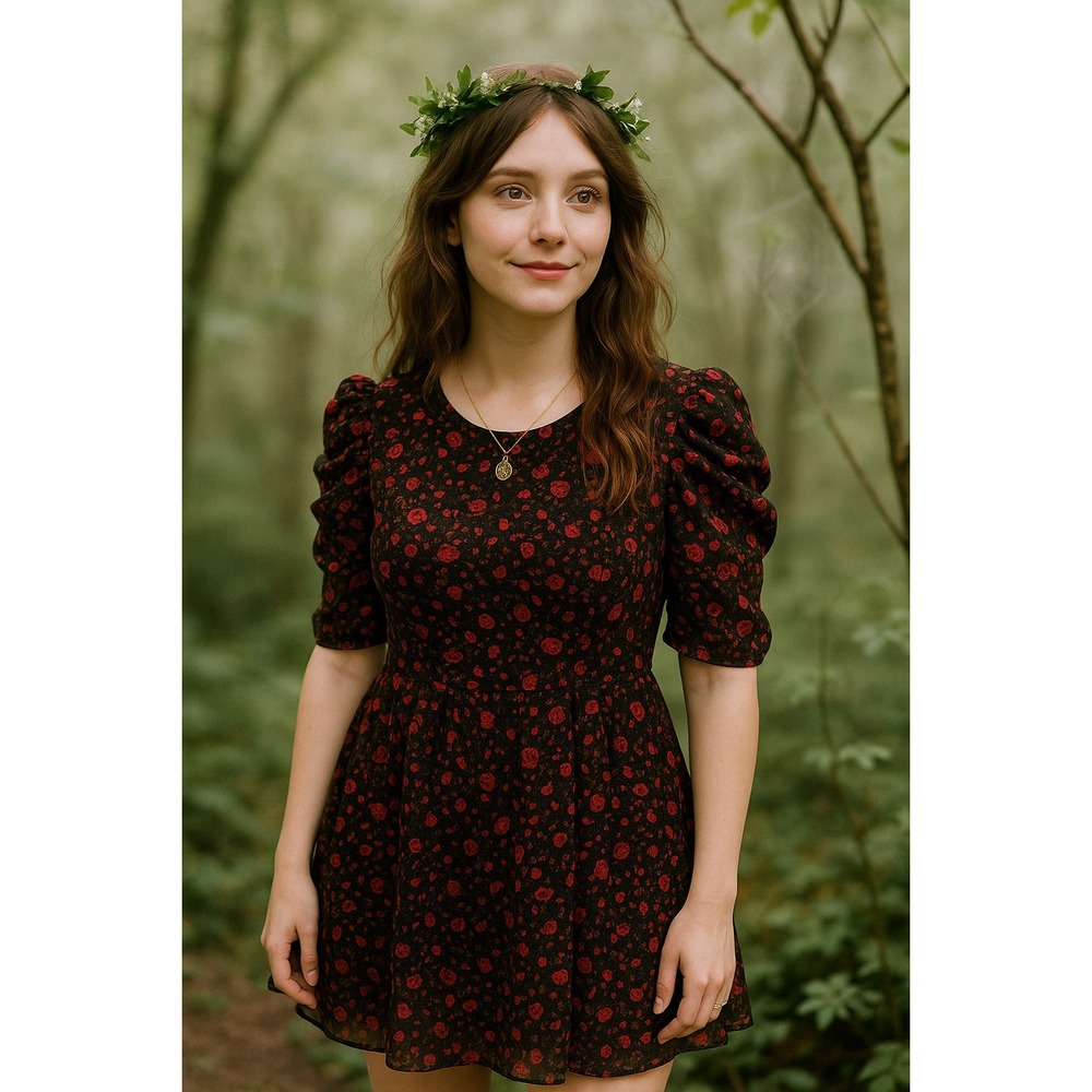 Express S Black Red Floral Metallic Semi Sheer Ruched Top Whimsigoth Dark‎ Fairy